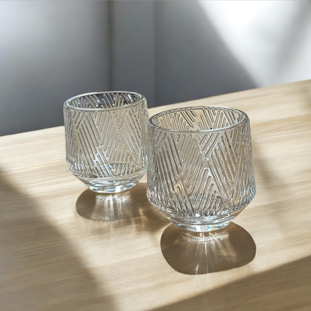 2 Short Glasses With Geometric Design- Crystal Clear Glass- Tapered Width